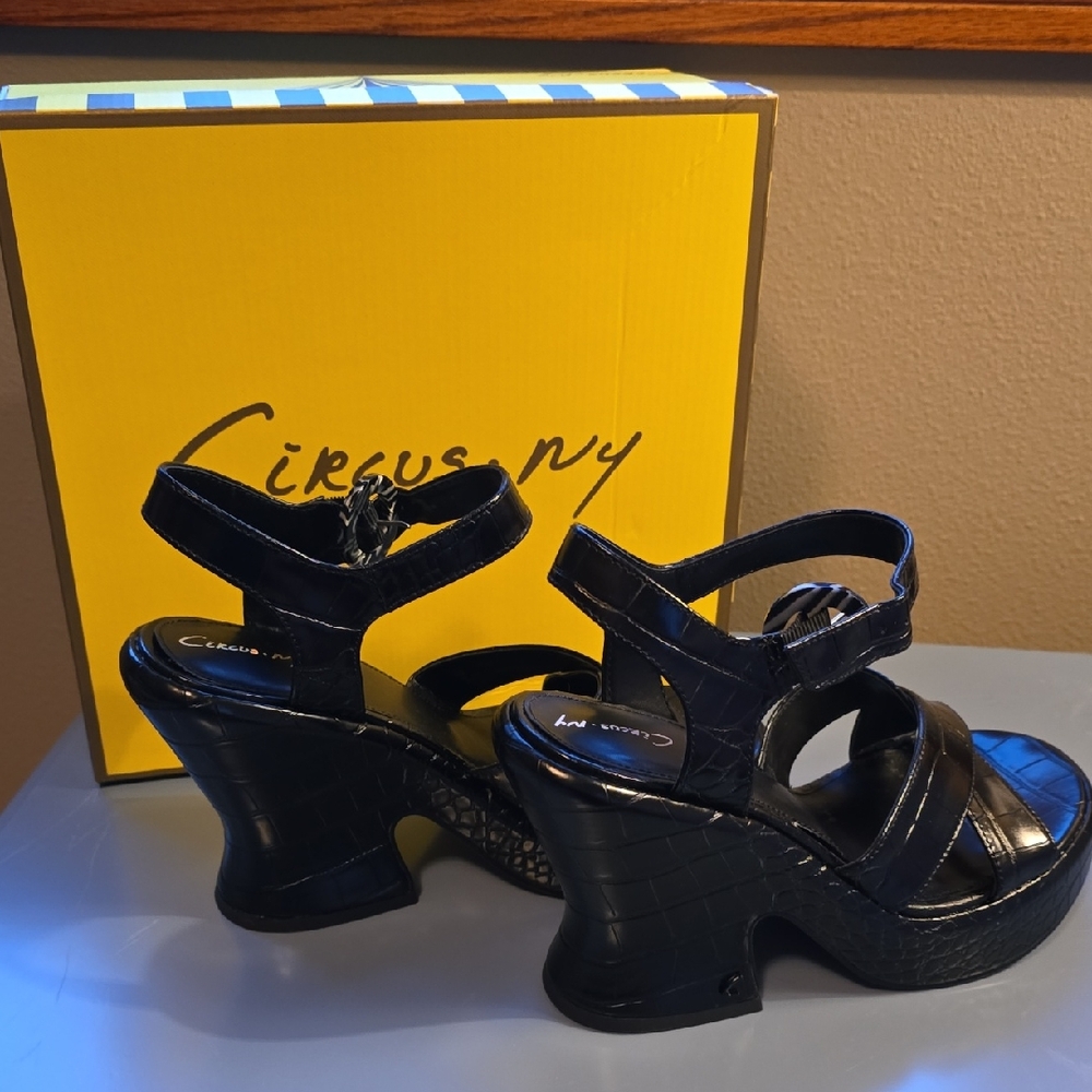 Sam Edelman Black Croc-Embossed Wedge Sandals